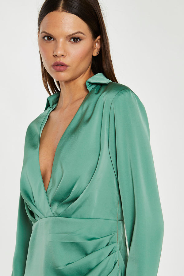 Glamorous Spruce-Green Satin Collared Wrap Mini-Dress