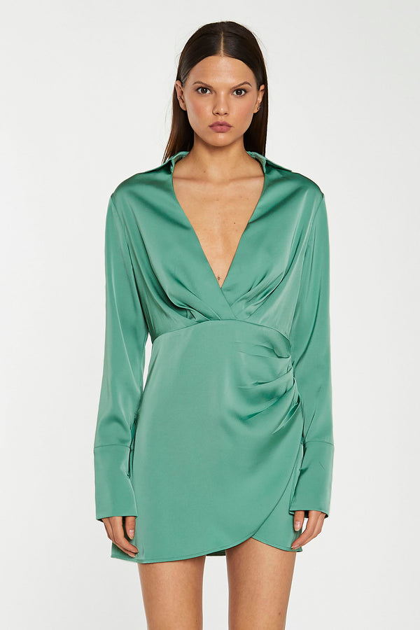 glamorous Spruce-Green Satin Collared Wrap Mini-Dress