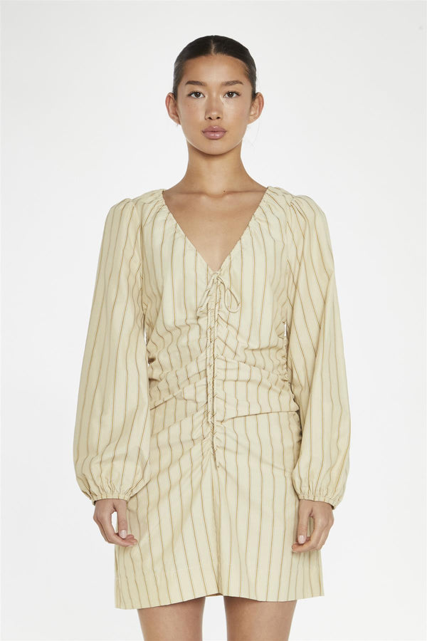Glamorous Straw-Gold Stripe Gathered Front Mini-Dress