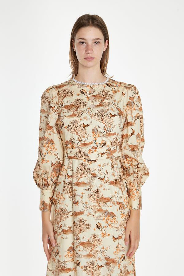 Glamorous Tan Multi Blossom Long-Sleeve Belted Maxi-Dress