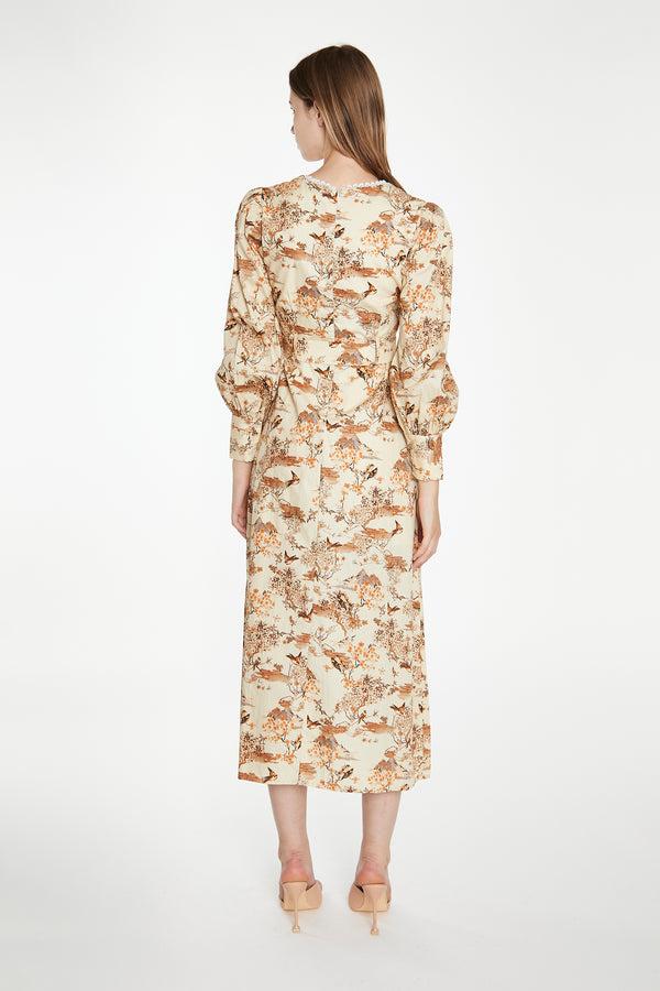 Glamorous Tan Multi Blossom Long-Sleeve Belted Maxi-Dress