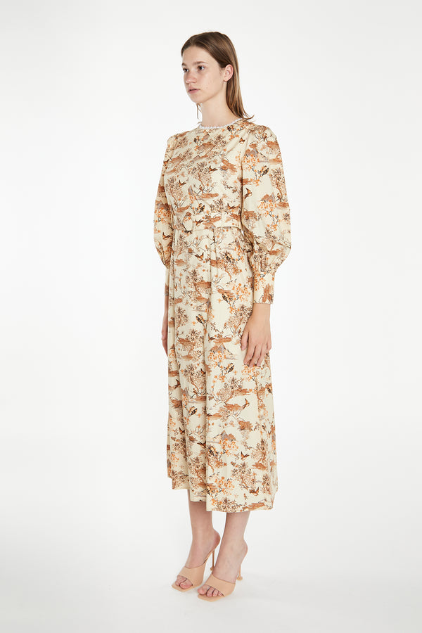 Glamorous Tan Multi Blossom Long-Sleeve Belted Maxi-Dress