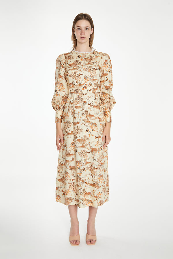 glamorous Tan Multi Blossom Long-Sleeve Belted Maxi-Dress