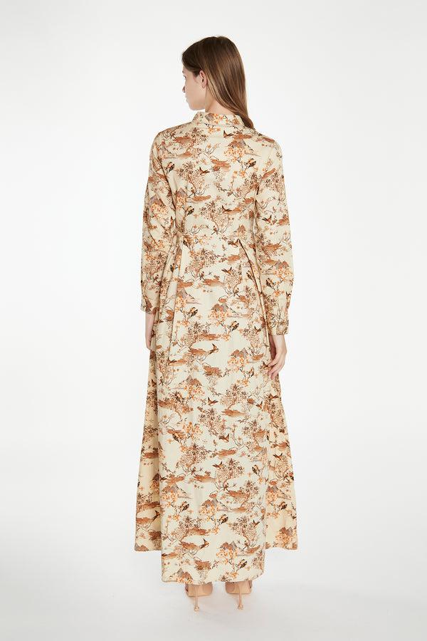 Glamorous Tan Multi Blossom Long-Sleeve Maxi Shirt-Dress