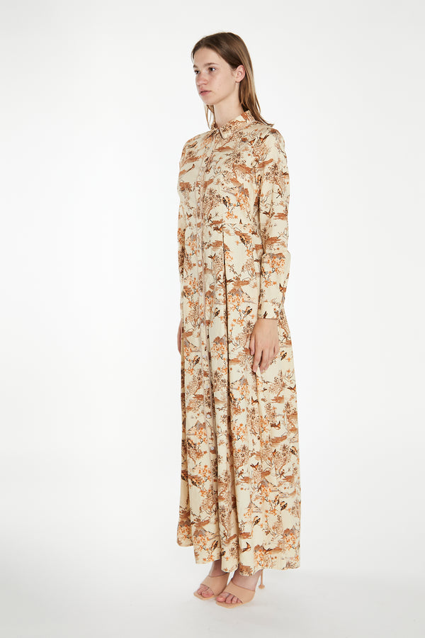 Glamorous Tan Multi Blossom Long-Sleeve Maxi Shirt-Dress