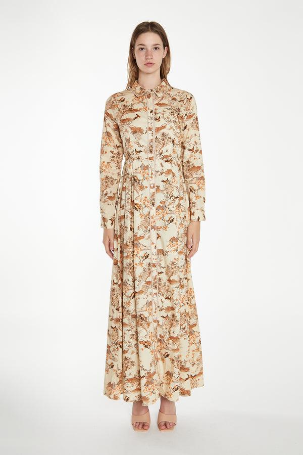glamorous Tan Multi Blossom Long-Sleeve Maxi Shirt-Dress