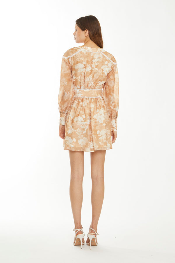 Glamorous Tan White Floral Button-Through Mini-Dress