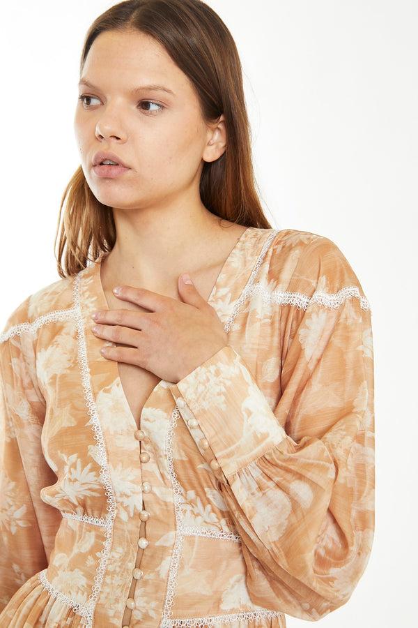 Glamorous Tan White Floral Button-Through Mini-Dress