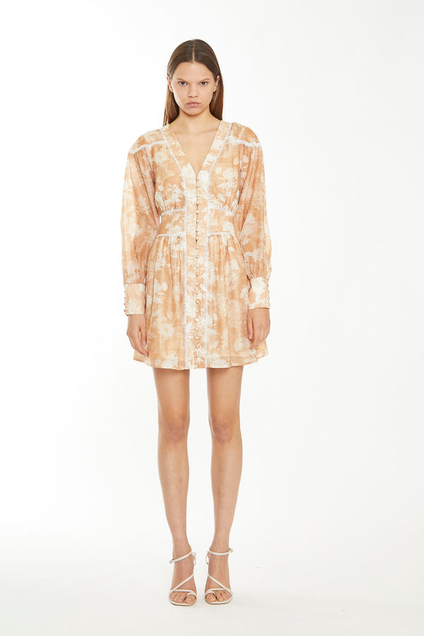 glamorous Tan White Floral Button-Through Mini-Dress