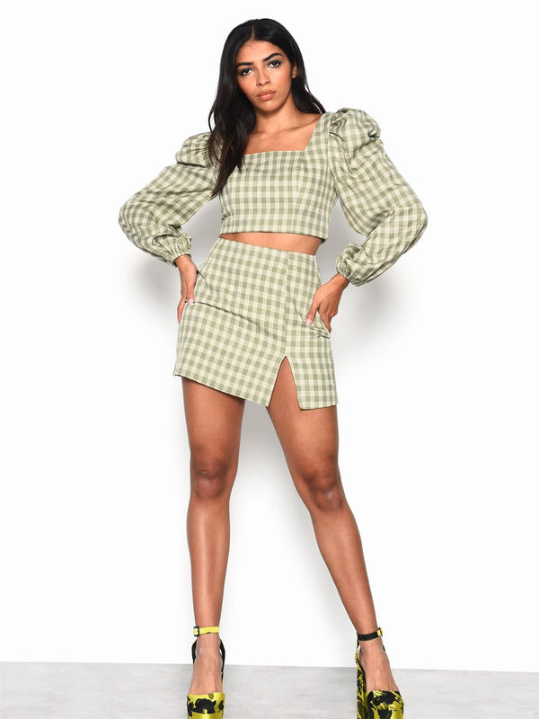 Glamorous Turquoise Multi Check Side Split Mini Skirt