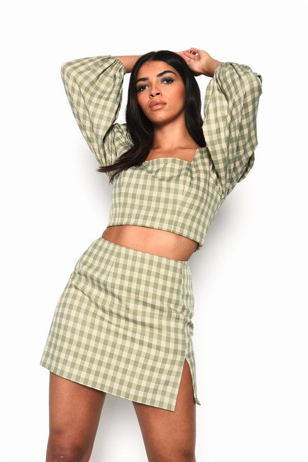 Glamorous Turquoise Multi Check Side Split Mini Skirt