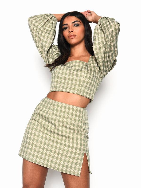 glamorous Turquoise Multi Check Side Split Mini Skirt