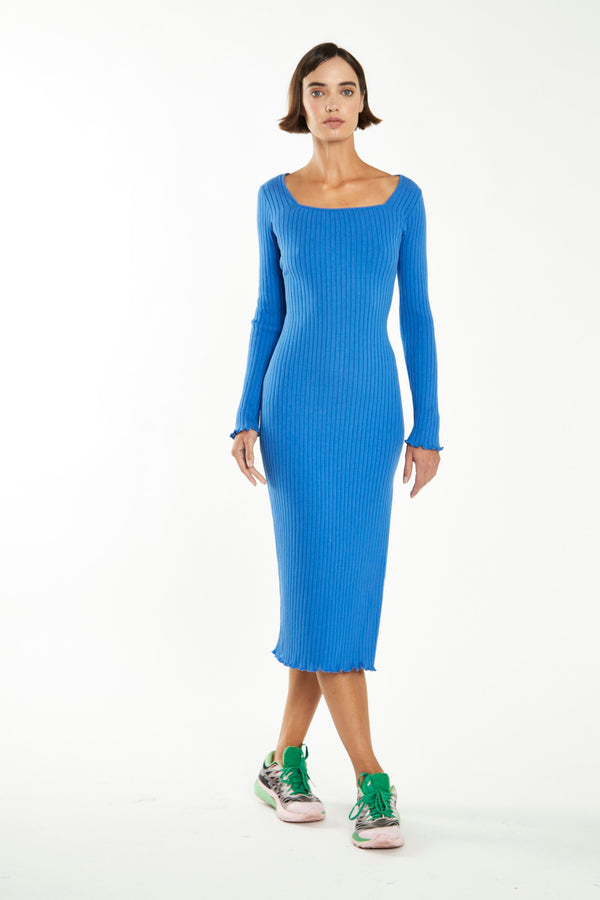 Glamorous Ultramarine Blue Square-Neck Knit Midi-Dress