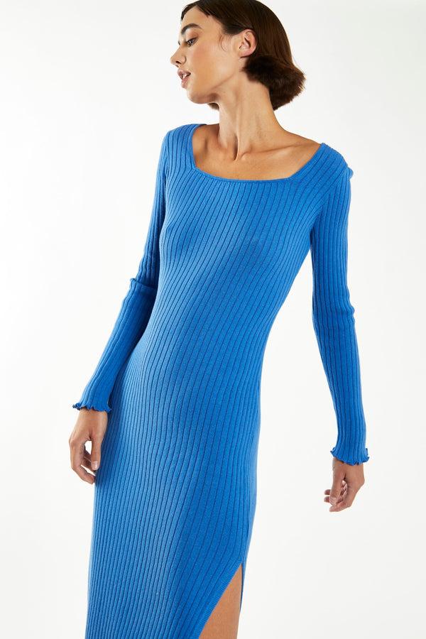 Glamorous Ultramarine Blue Square-Neck Knit Midi-Dress