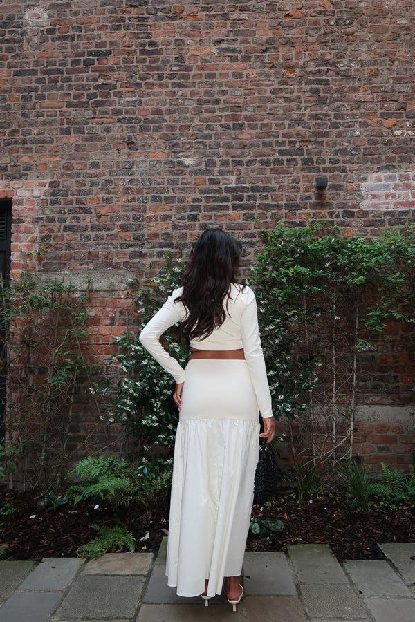 Glamorous Vanilla Half-Pleated-High-Waist Maxi-Skirt