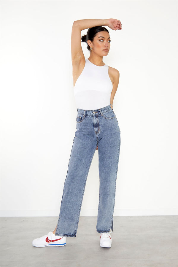 glamorous Vintage Wash High Waisted Straight Leg Jeans with Side Split