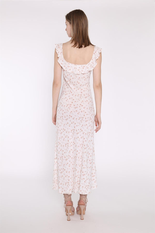 Glamorous White-Base Floral Ruffle Neck Midaxi-Dress
