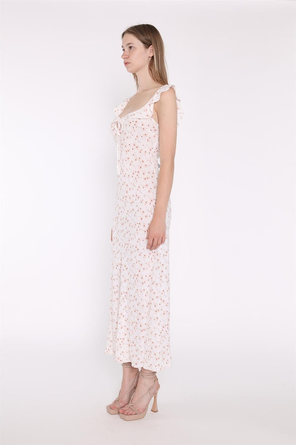 Glamorous White-Base Floral Ruffle Neck Midaxi-Dress