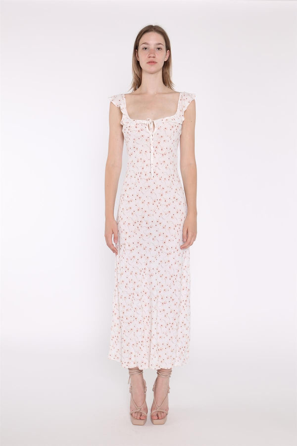glamorous White-Base Floral Ruffle Neck Midaxi-Dress
