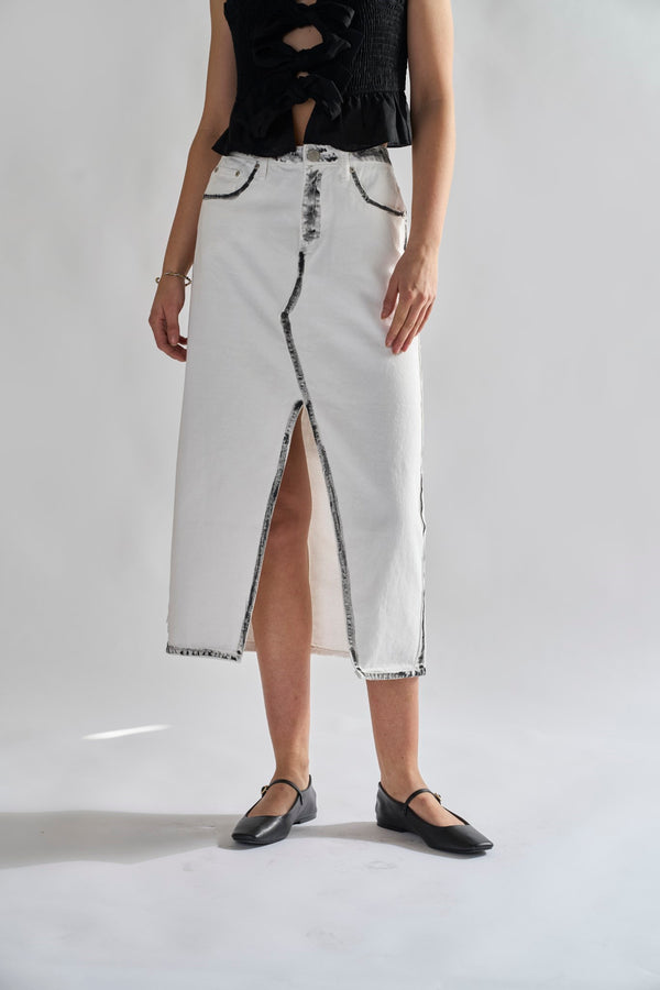 Glamorous White-Black Edges Denim Straight Midi-Skirt