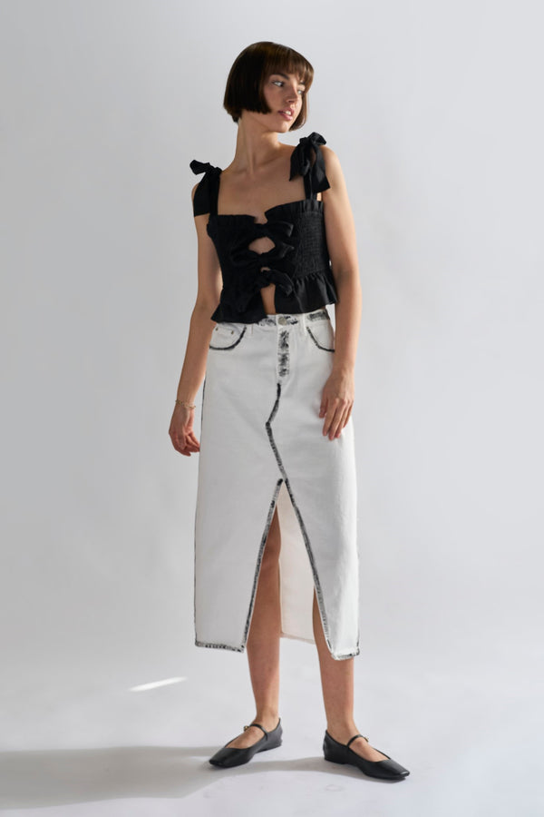 glamorous White-Black Edges Denim Straight Midi-Skirt