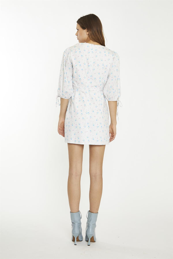 Glamorous White-Blue-Pink Ditsy Wrap Tie Mini-Dress