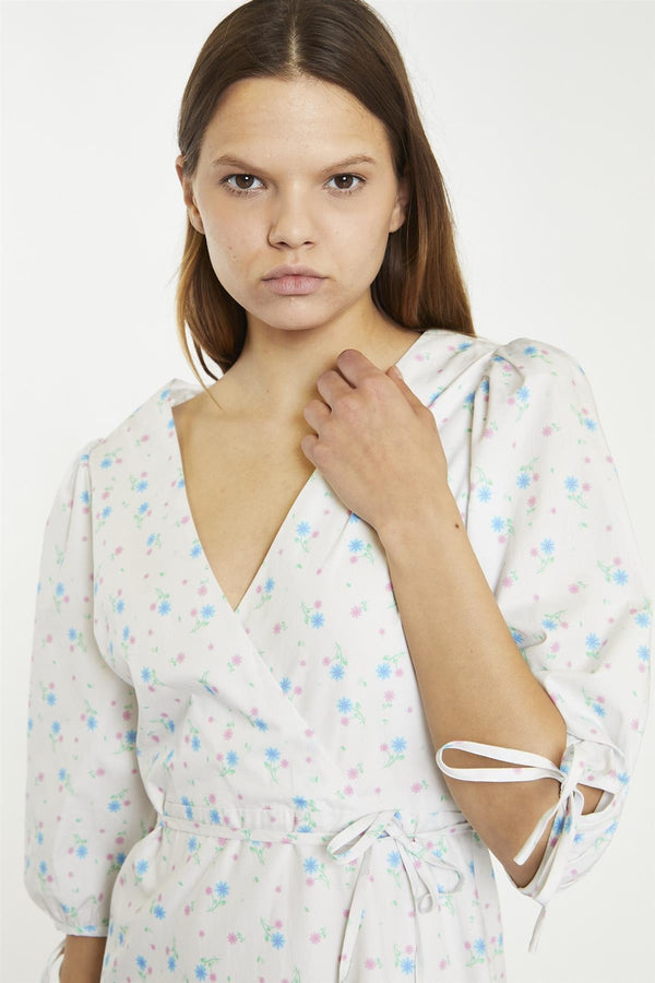 glamorous White-Blue-Pink Ditsy Wrap Tie Mini-Dress