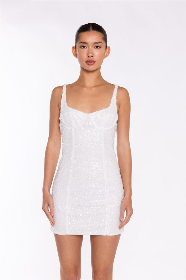 Glamorous White Iridescent-Sequin Corset Mini-Dress