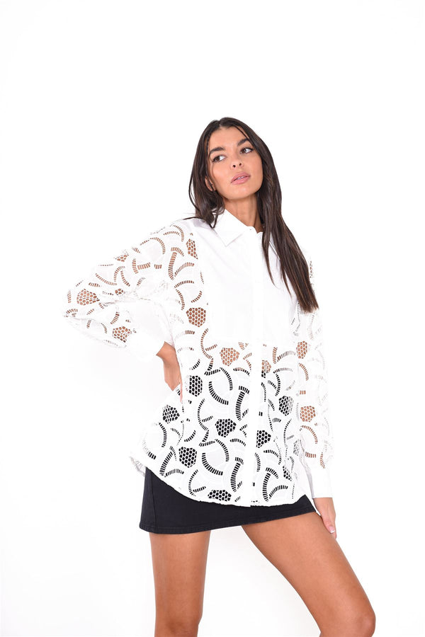 glamorous White Long Line Button Detailed Long Sleeve Shirt