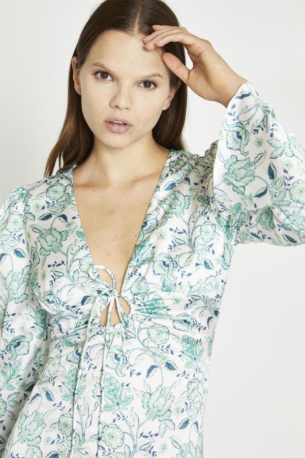 Glamorous White-Mint Paisley Satin Gathered Keyhole Mini-Dress