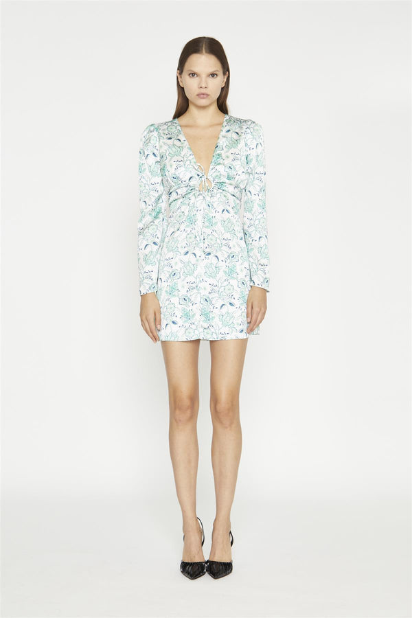 glamorous White-Mint Paisley Satin Gathered Keyhole Mini-Dress