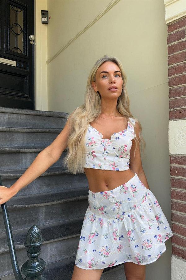 glamorous White Trellis Floral Half Pleated Mini-Skirt