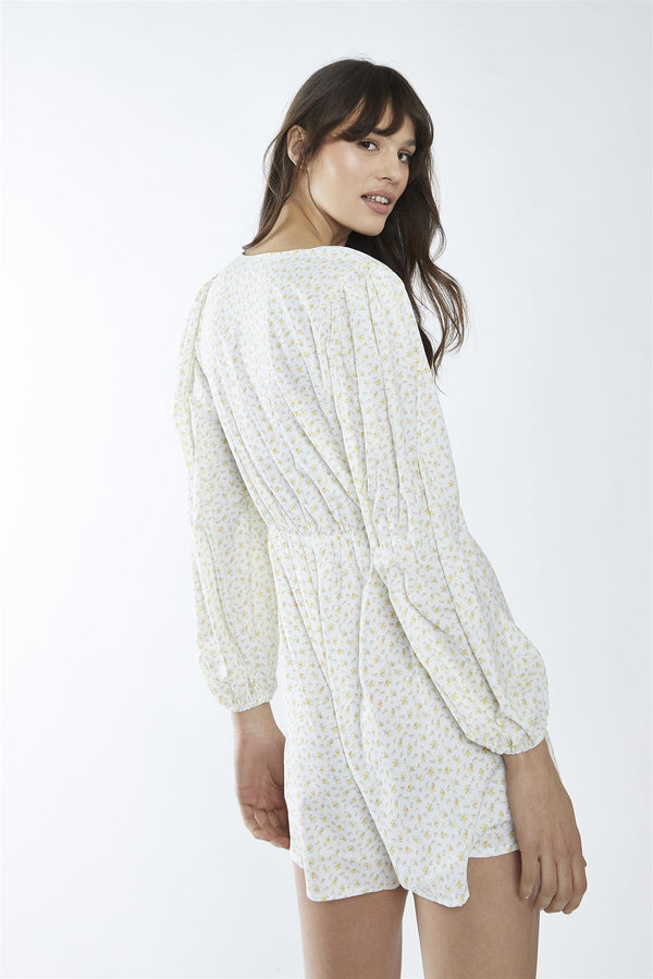 Glamorous White-Yellow Mini Ditsy Cinched-Waist Long Sleeve-Playsuit