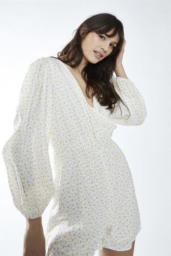 Glamorous White-Yellow Mini Ditsy Cinched-Waist Long Sleeve-Playsuit