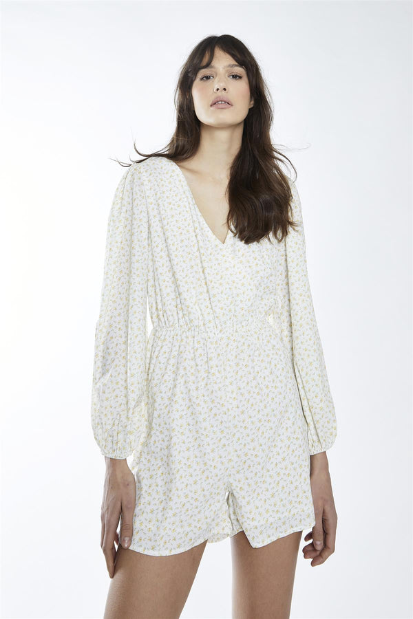 glamorous White-Yellow Mini Ditsy Cinched-Waist Long Sleeve-Playsuit
