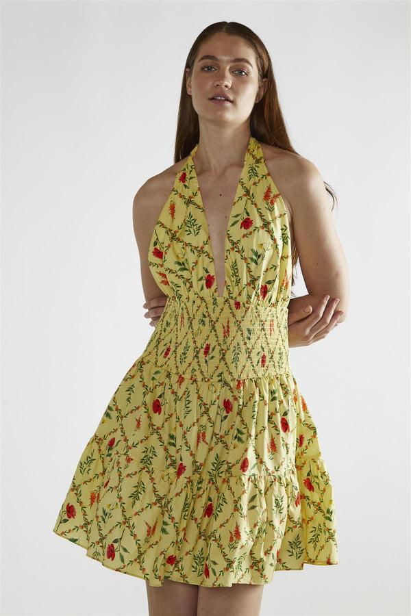 Glamorous Yellow Floral-Lattice Halter-Neck Mini-Dress