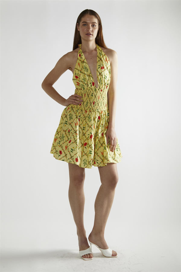 glamorous Yellow Floral-Lattice Halter-Neck Mini-Dress