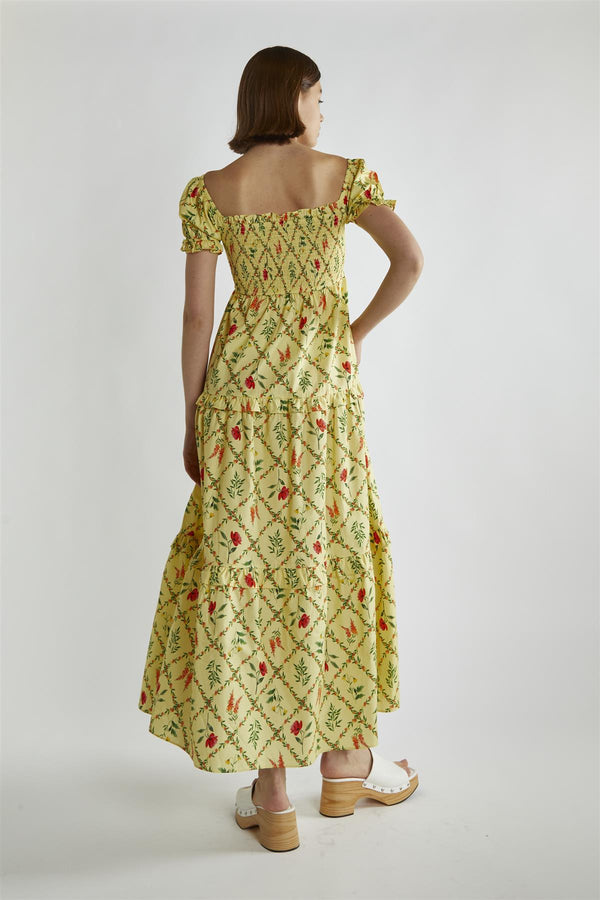 Glamorous Yellow Floral-Lattice Scoop Neck Maxi-Dress