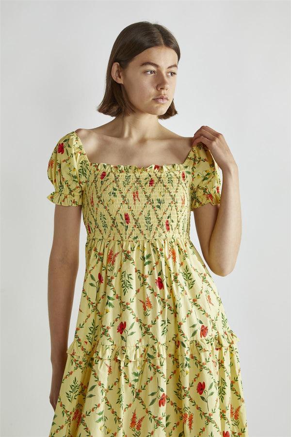 Glamorous Yellow Floral-Lattice Scoop Neck Maxi-Dress