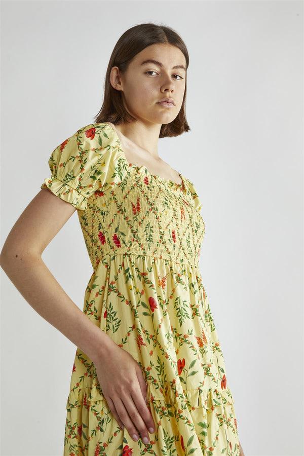 Glamorous Yellow Floral-Lattice Scoop Neck Maxi-Dress