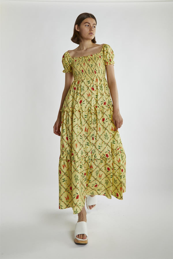 glamorous Yellow Floral-Lattice Scoop Neck Maxi-Dress