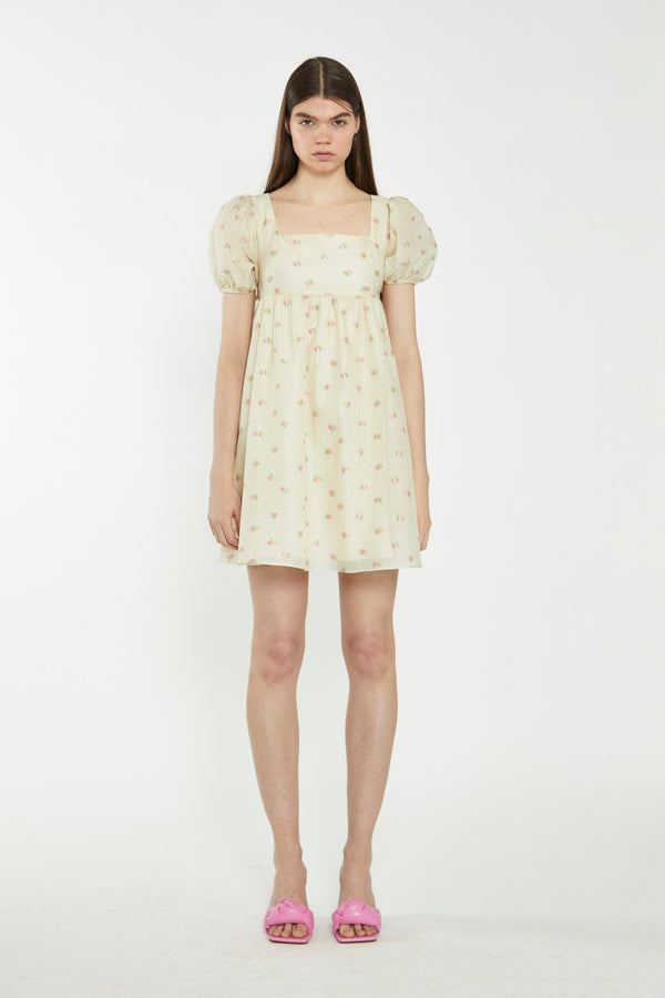 glamorous Yellow-Pink-Fruit-Organza Babydoll Mini Dress