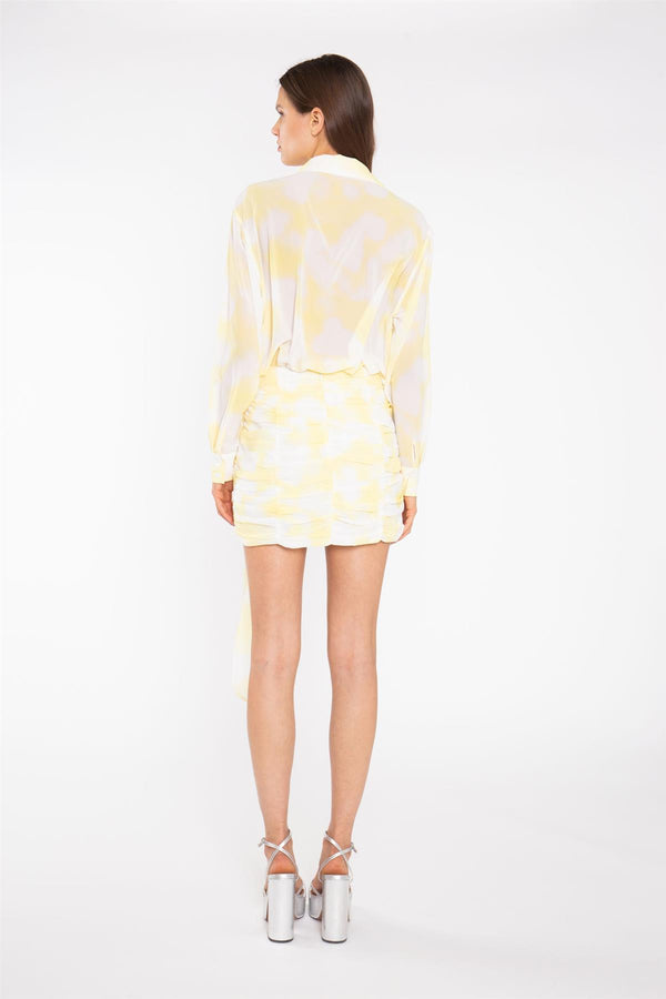 Glamorous Yellow Print-Chiffon Ruched Tie-Front Mini-Skirt