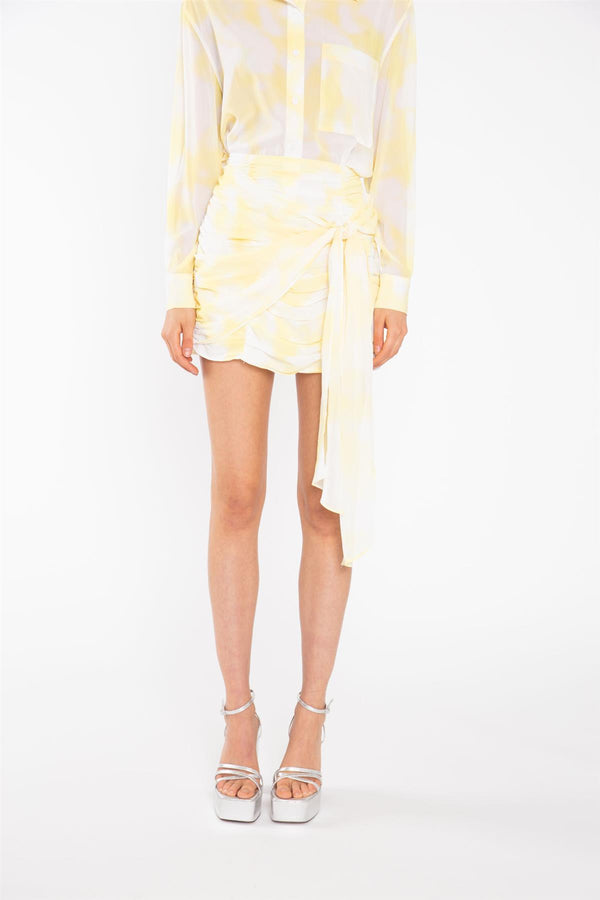 Glamorous Yellow Print-Chiffon Ruched Tie-Front Mini-Skirt