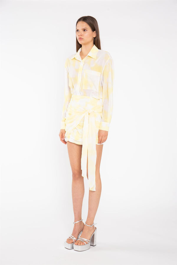 Glamorous Yellow Print-Chiffon Ruched Tie-Front Mini-Skirt
