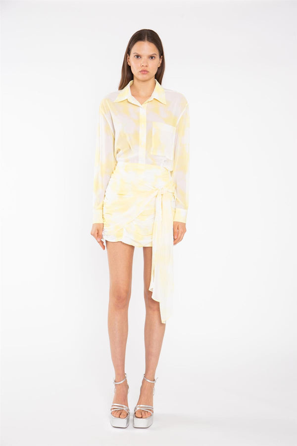 glamorous Yellow Print-Chiffon Ruched Tie-Front Mini-Skirt