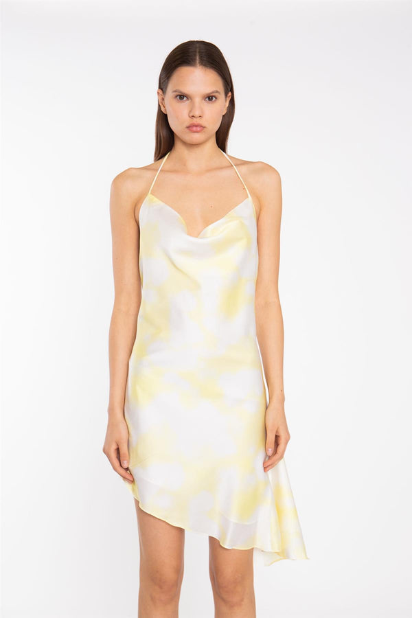 Glamorous Yellow Print-Satin Asymmetric Cowl-Neck Mini-Dress