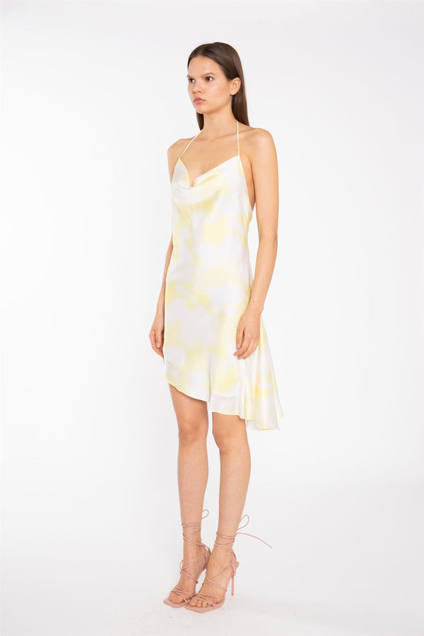 Glamorous Yellow Print-Satin Asymmetric Cowl-Neck Mini-Dress