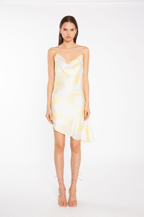 glamorous Yellow Print-Satin Asymmetric Cowl-Neck Mini-Dress