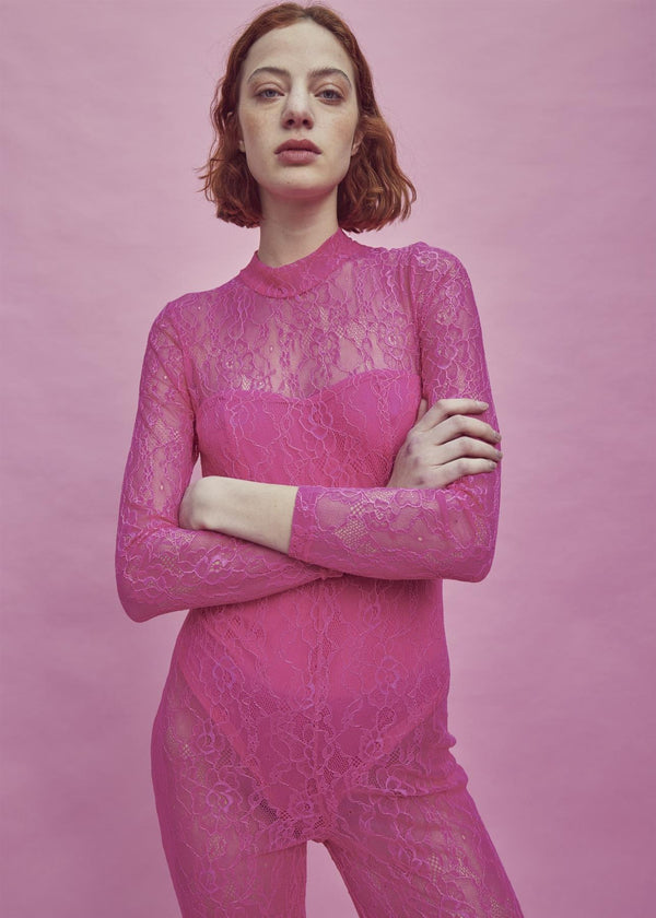 Glamorous Zoe Lace Full Length Bodysuit -Bright-Pink